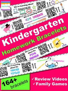 a pink background with qr code labels and text reading,'kindergarten homework bracelets '