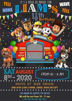 a birthday party with cartoon characters on the firetruck, balloons and streamers