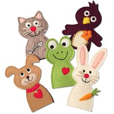 several felt animals are shown together on a white background, including one bunny, the other cat