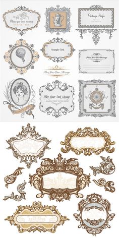 an assortment of ornate frames and labels