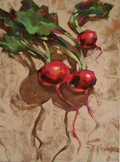 a painting of radishes with green leaves on a brown background, in pastel