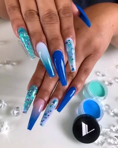 Blue Nail Art Designs, Ombre Acrylic Nails, Blue Nail Art, Cute Acrylic Nail Designs, Blue Nail Designs, Coffin Nails Long, Her Nails