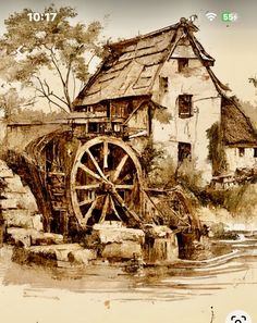 an old water mill is depicted in this painting