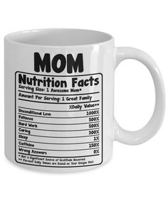 a white coffee mug with nutrition labels on it