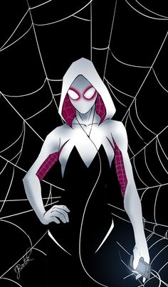 a spider - man in a black dress with red and white webs on it