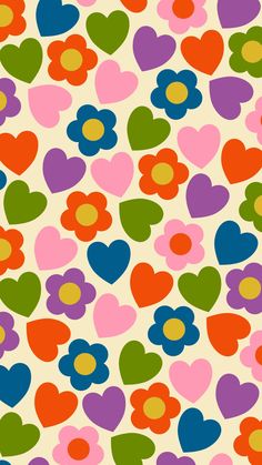 colorful hearts and flowers pattern on a white background with multicolored petals in the shape of hearts