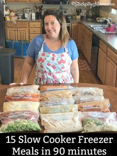 a woman standing in front of a table full of food and bags with the words 15 slow cooker freezer meals in 9 minutes