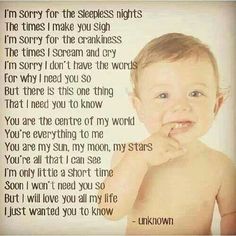 a baby with the words i'm sorry for the sleepies nights