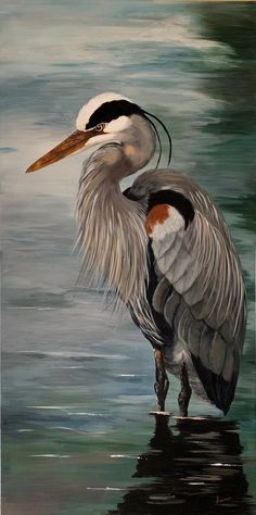 a painting of a bird standing in the water