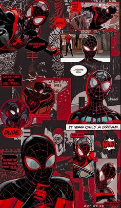 the spider - man comic strip is shown in red, black and grey colors with an image