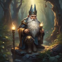 a painting of a gnome sitting on a chair in the woods with two torches lit