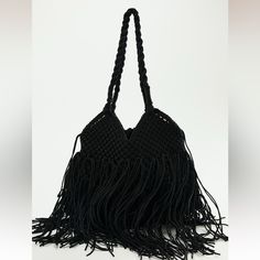 Macram Tote Bag. Fringe Detail. Shoulder Straps. Height X Length X Width: 10.6 X 13 X 1.8 Inches (27 X 33 X 4.6 Cm) Black | 6329/310 Macrame Crochet Tote Bag For Shopping, Crochet Macrame Tote Bag For Shopping, Handwoven Evening Tote Shoulder Bag, Chic Macrame Rectangular Shoulder Bag, Macrame Crossbody Bag For Beach, Chic Rectangular Macrame Shoulder Bag, Bohemian Macrame Shopping Bag, Black Fringe Bag For Shopping, Rectangular Macrame Bag