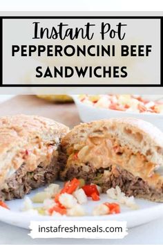 instant pot pepperoni beef sandwiches on a white plate with text overlay that reads instant pot pepperoni beef sandwiches