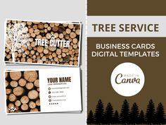 three business cards with trees in the background and text that says tree service on them