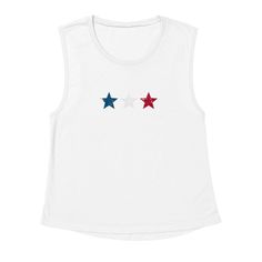 Super cute summer tank with vintage red white and blue stars! Great for 4th of July holiday weekend. This feminine version of the traditional muscle tank is a must-have style, designed with exceptionally soft poly-viscose fabrication that comfortably drapes around curves. The modern elongated armholes and curved bottom hem make it perfect for layering. Offered in a variety of colors, start designing your artwork now and let your creativity run wild!  If you are looking for unmatched quality and Crew Neck Cotton Tank Top For 4th Of July, Casual American Flag Print Tank Top, Casual American Flag Print Sleeveless Tank Top, Sleeveless Graphic Print Top For 4th Of July, Sleeveless Cotton Top With Flag Print, American Flag Print Cotton Tank Top For Independence Day, Summer Crew Neck Top With Star Print, Red Star Print Crew Neck Tops, Sleeveless Flag Print Summer Top