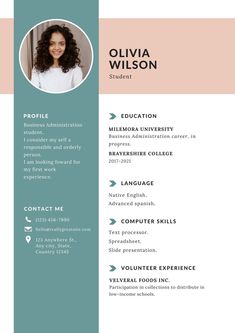 a professional resume template with a blue and pink stripe pattern on the front, and an image of a woman's face