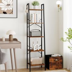 a living room with a book shelf and chair