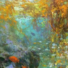 an abstract painting of water and plants with oranges, blues, yellows and greens