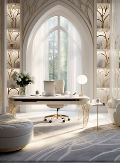 an elegant office with white furniture and large windows