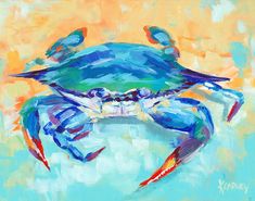 a painting of a blue crab on an orange background