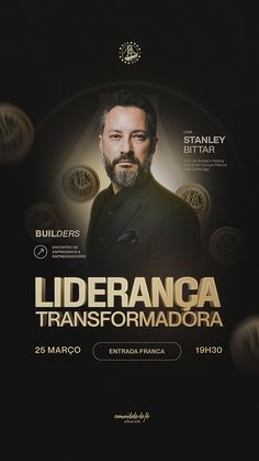 a man with a beard standing in front of a poster for the film liberanca transformadora