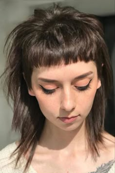 Micro Fringe Mullet, Female Mullet Shaved Sides, Mini Bangs Mullet, Microbangs Mullet, Short Bangs Mullet, Undercut Mullet Women, Long Curly Hairstyles Men, Hairstyles Long Black Hair, Mullet With Shaved Sides