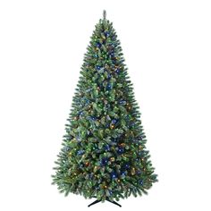 a green christmas tree with blue lights on it's top and the base is lit up