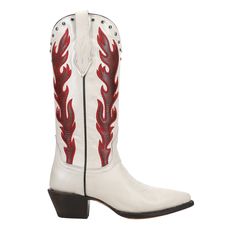 Intricate, feminine, and timeless. This is the ideal white leather boot with its unique embroidery and studs that highlight its silhouette. $199.99 Fitted White Snip Toe Boots, Classic White Snip Toe Boots, White Western Snip Toe Boots, White Western Boots With Snip Toe, White Western Boots With Leather Sole, White Leather Western Boots, Luxury Red Cowboy Boots With Pointed Toe, Luxury White Cowboy Boots With Pointed Toe, Luxury Red Women's Cowboy Boots