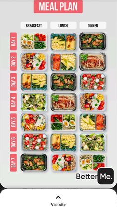 the meal planner is shown with different food items in each section, including vegetables and meats