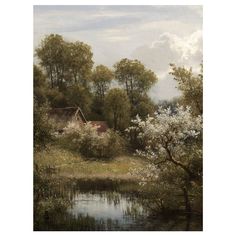 an oil painting of a house in the woods by a lake with white flowers and trees