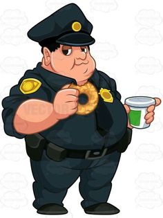 a police officer eating a donut and holding a cup