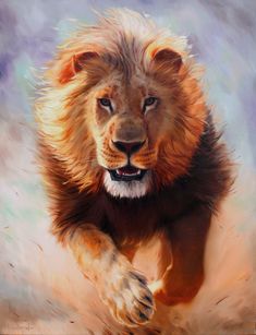 an oil painting of a lion running