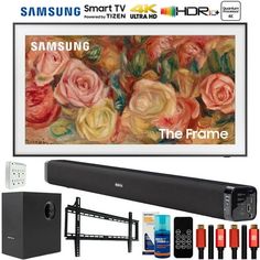 the samsung smart tv has been set up with accessories and is ready to be shipped