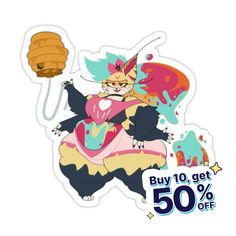 a sticker with an image of a cat holding a baseball mitt and the text buy 10 get 50 % off