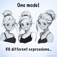 three different styles of hair with the words, one model and two different expressions on it