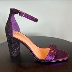 New In Box! Dazzling Purple Crystal Sandals With Extra Crystals Included! Size 7.5 Purple Glitter Heels, Dark Purple Prom Shoes, Dark Purple Heels Wedding, Purple Block Heel Shoes For Night Out, Purple Block Heel Heels For Night Out, Glamorous Purple Block Heel Shoes, Glamorous Purple Block Heel Heels, Purple Block Heel Party Heels, Purple Block Heel Heels For Party