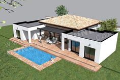 a 3d rendering of a house with a pool in the yard and decking area