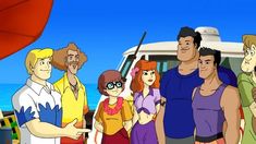 cartoon characters standing in front of a van on the beach