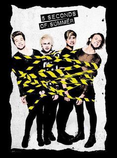 five seconds of summer standing in front of a black background with yellow and white lines