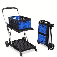 two black and blue baskets sitting on top of each other next to a cart with wheels