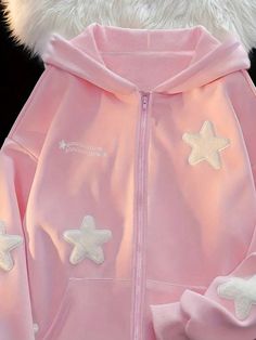 Women Spring And Autumn Letter Five-Pointed Star Print Drop Shoulder Long Sleeve Zipper Placket Casual Hooded Sweatshirt Pink Casual  Long Sleeve Fabric Colorblock,Geometric,Letter Zip Up Slight Stretch  Women Clothing, size features are:Bust: ,Length: ,Sleeve Length: Zipper Placket, Casual Denim Pants, Skater Jeans, Brand Clothes, Womens Sweatshirts Hoods, Rose Bonbon, Pink Letter, Five Pointed Star, Pink Outfits