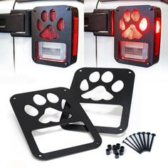 two red and white lights with paw prints on the front, one has an antenna