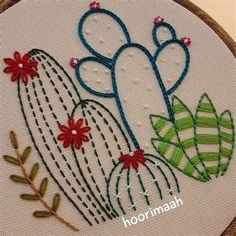 a close up of a embroidery on a piece of cloth with flowers and cactuses