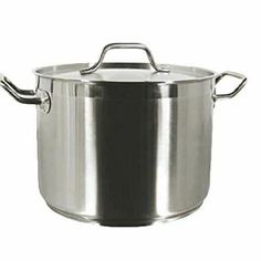 stainless steel stock pot with lid and handles on an isolated white background for use in cooking