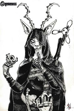 a black and white drawing of a woman with horns on her head holding a flower