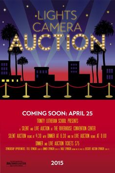 the poster for lights camera auction, which features palm trees and red carpeted area