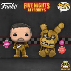 two funky toys are on display in front of a black background with the words five nights at friday's