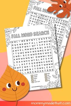 the fall word search is shown with an orange leaf next to it and another printable