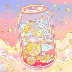 an image of a jar with lemons and stars in it on the sky background