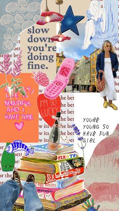 the collage has many different pictures and words on it, such as shoes, books, flowers, and other things